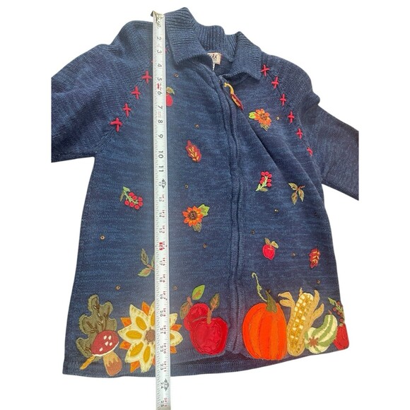 Tiara International Cardigan Fall Harvest Sweater Blue Embroidered Pumpkin S - Picture 8 of 13